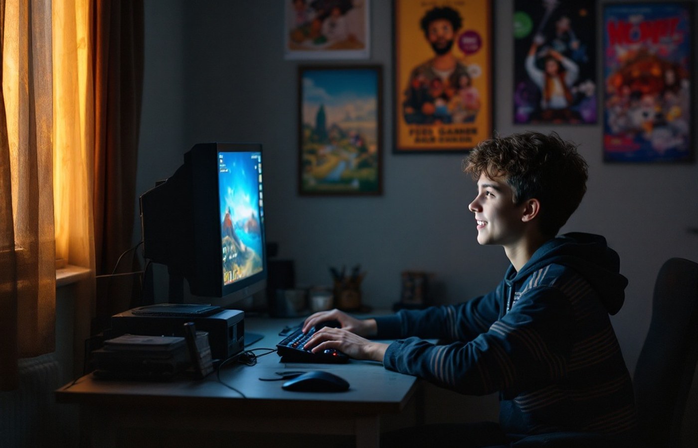 A student enjoying a demanding game on modest hardware