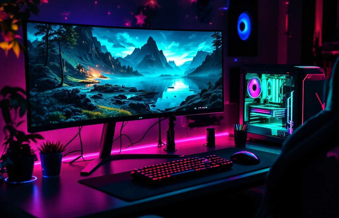 A complete gaming PC setup running at full performance