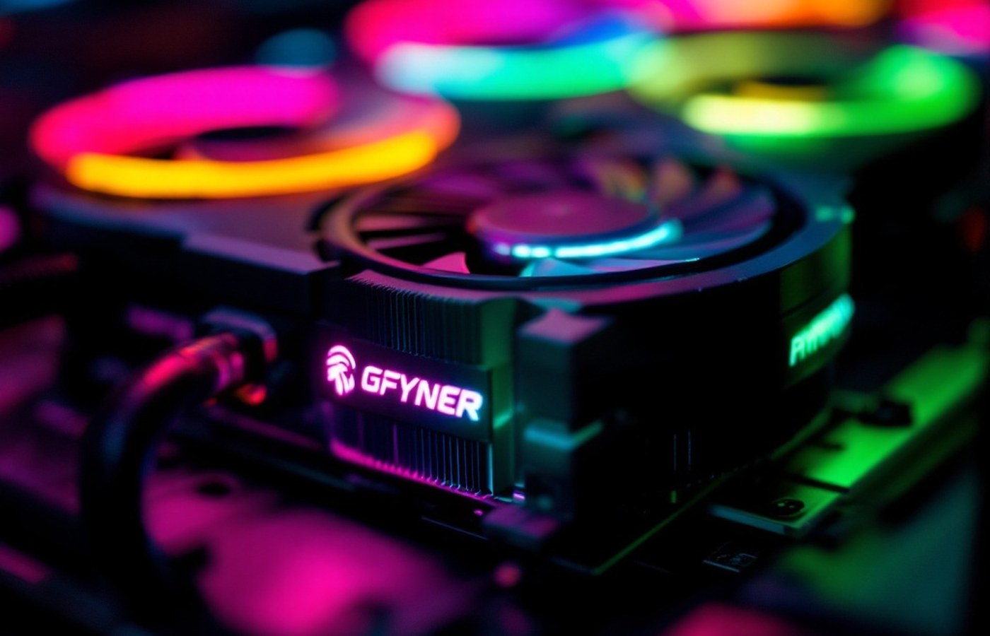 A high-end graphics card glowing inside a dark gaming PC case