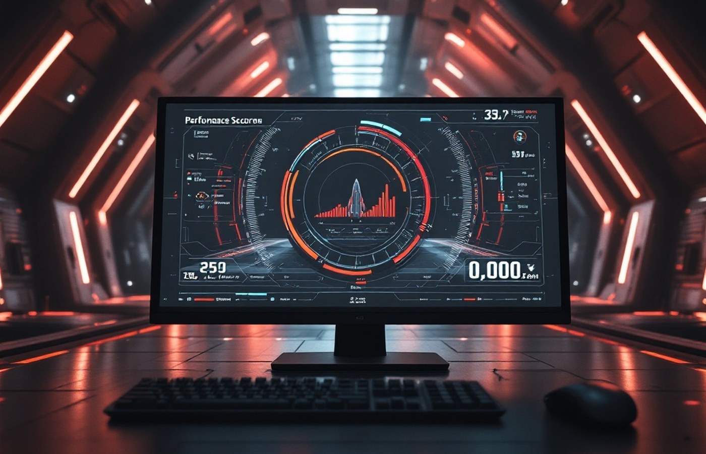 A 3DMark benchmark scene with its performance score