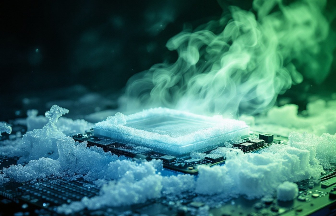 A frost-covered extreme overclocking test bench