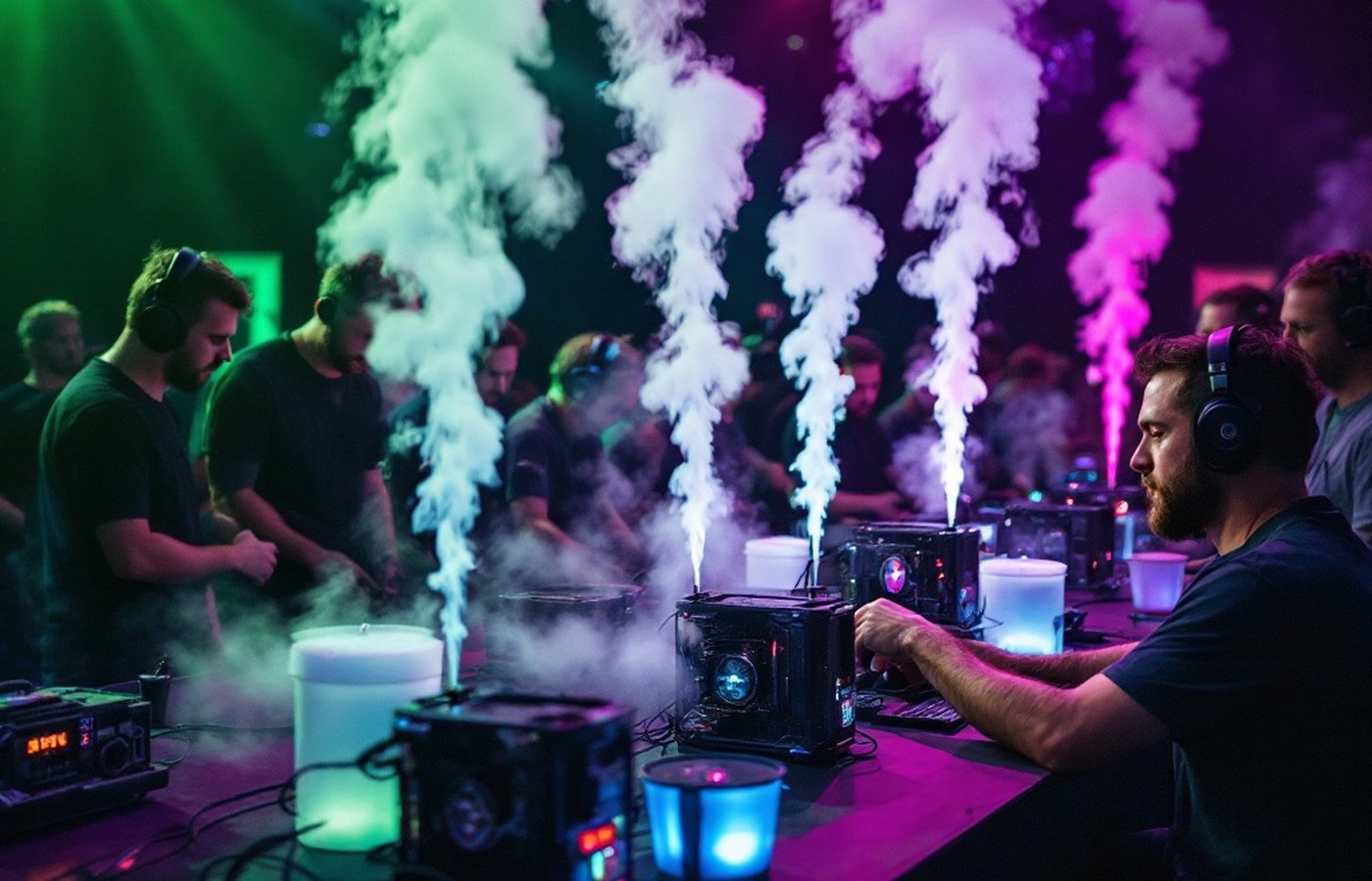 Enthusiasts gathered around test benches at an overclocking event