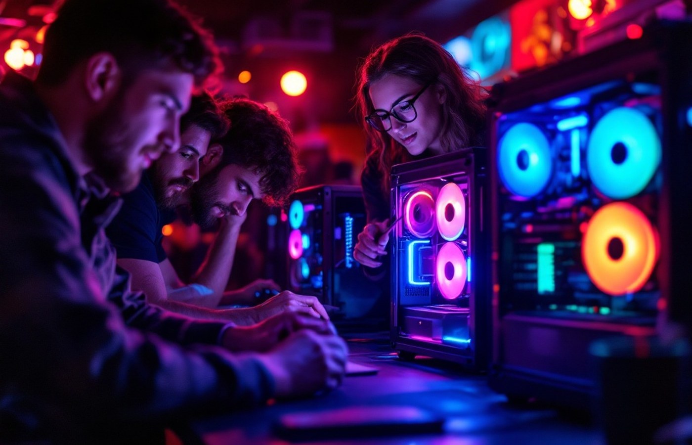 PC enthusiasts comparing builds at a community meetup