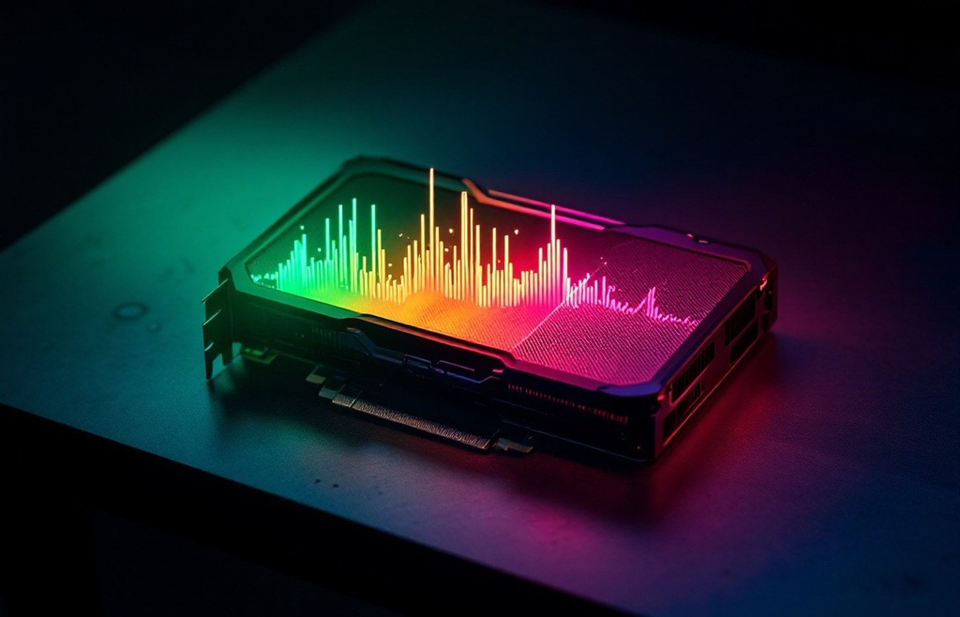 A graphics card lit with a performance-gradient effect