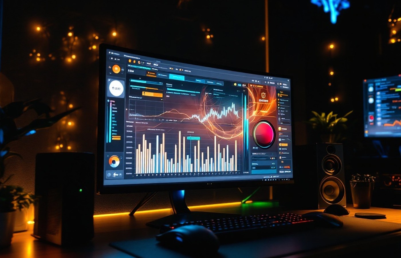 A gaming PC running GPU tuning software at night