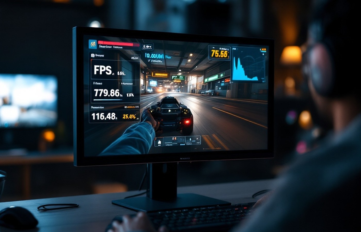 An in-game on-screen display showing live GPU statistics
