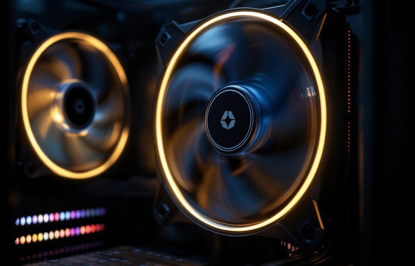 A GPU fan spinning at speed inside a dark case