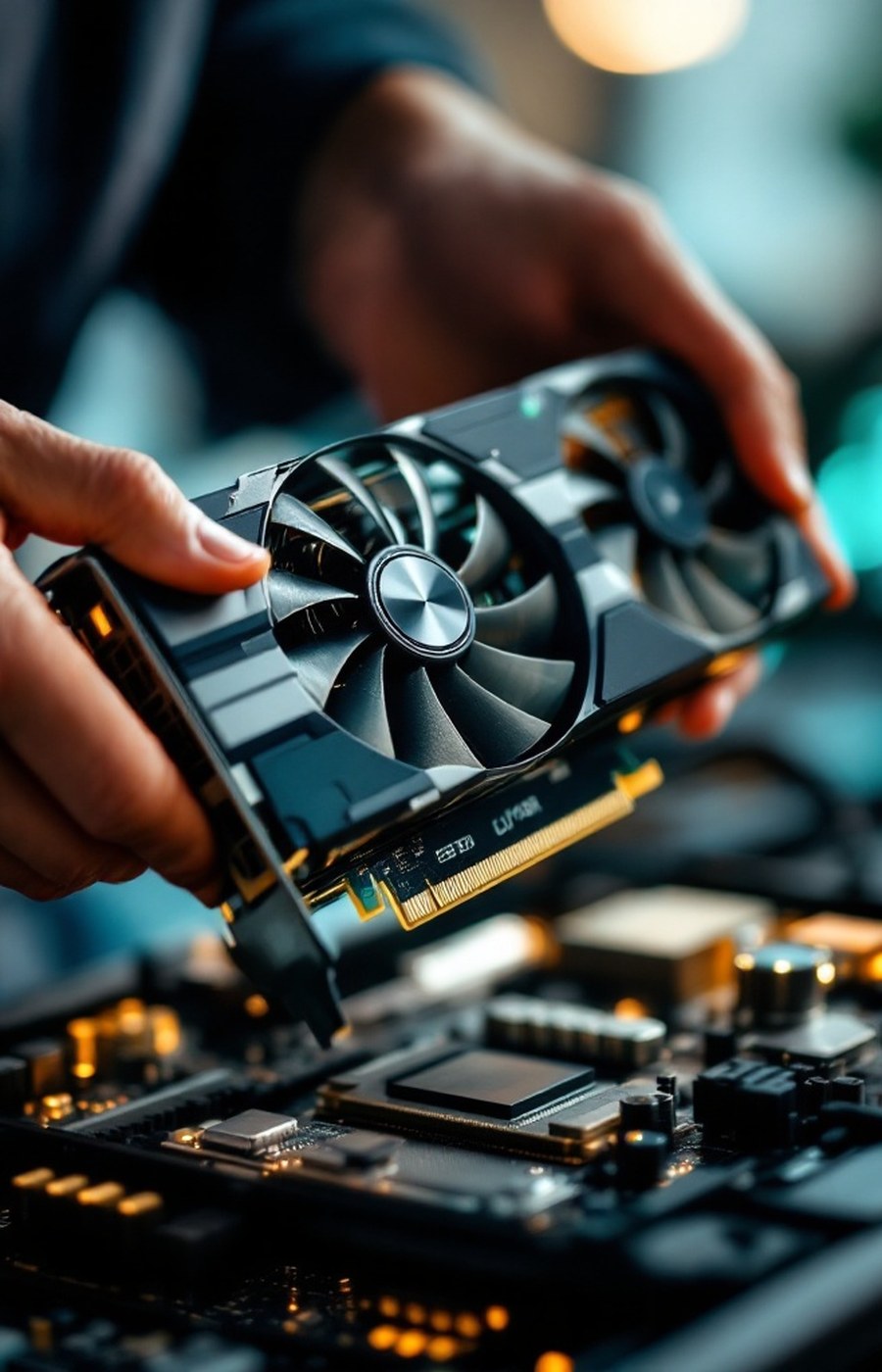 An aging graphics card held above an open PC case